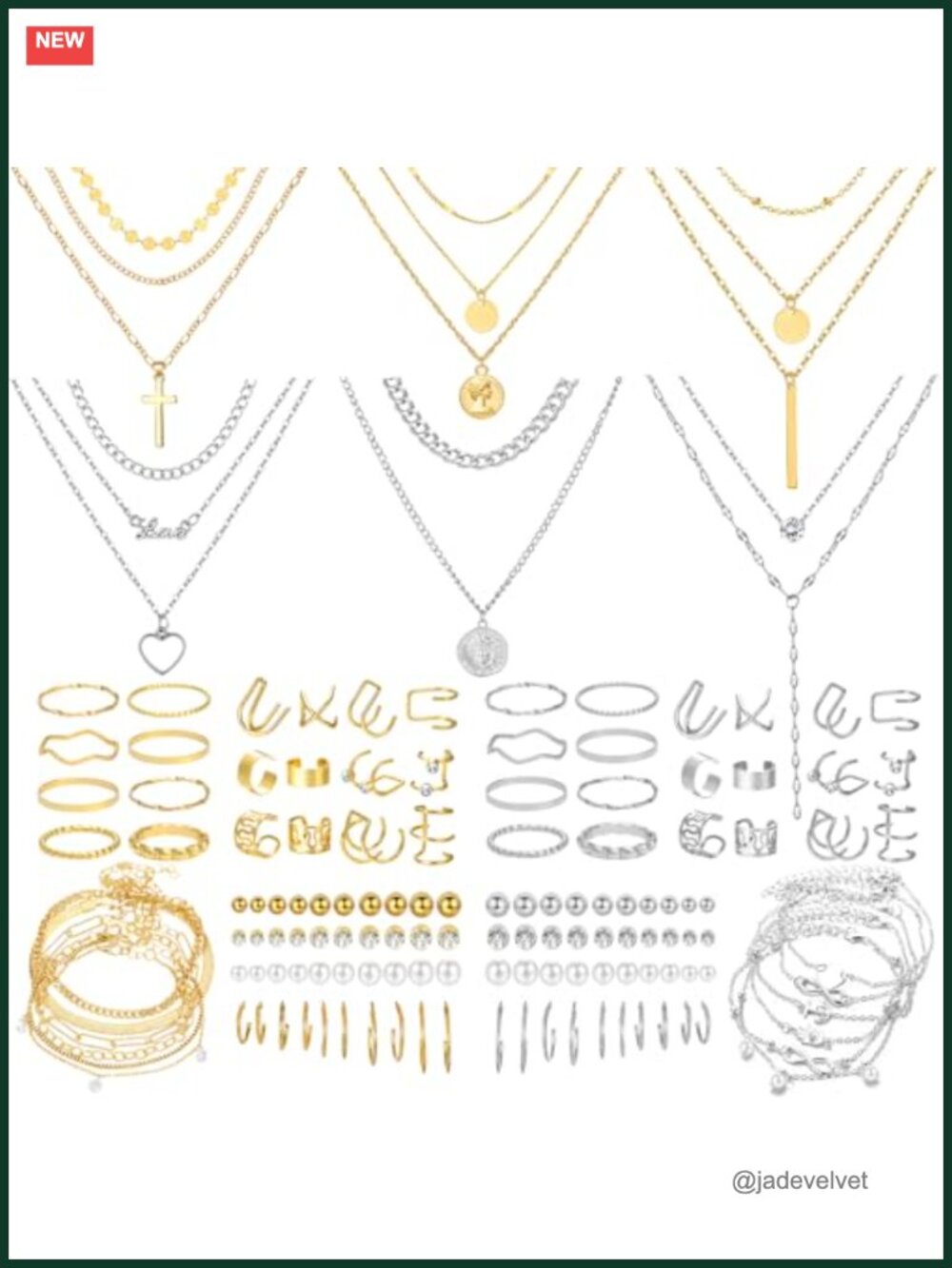 NEWITIN 97-Pc Mixed Metal Jewelry Set Alloy Necklaces Earrings Rings Bracelets